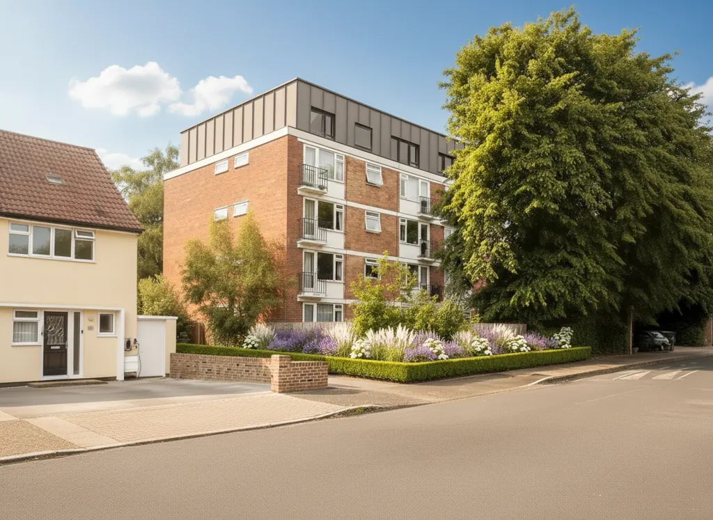 Rooftop residential extension added to an existing brick block of flats