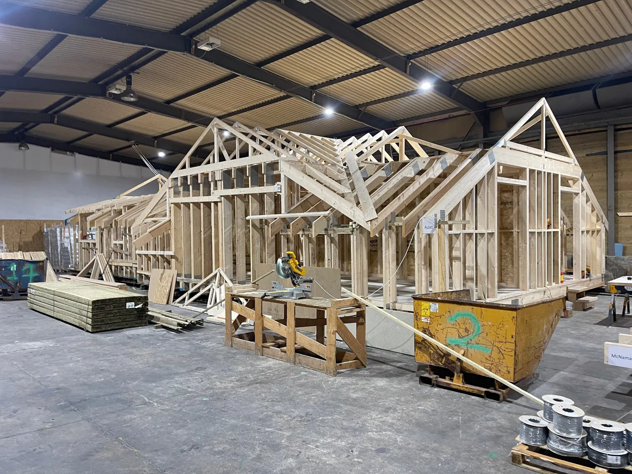 Multiple ModuGroup timber frame units mid-build on the North Yorkshire factory floor
